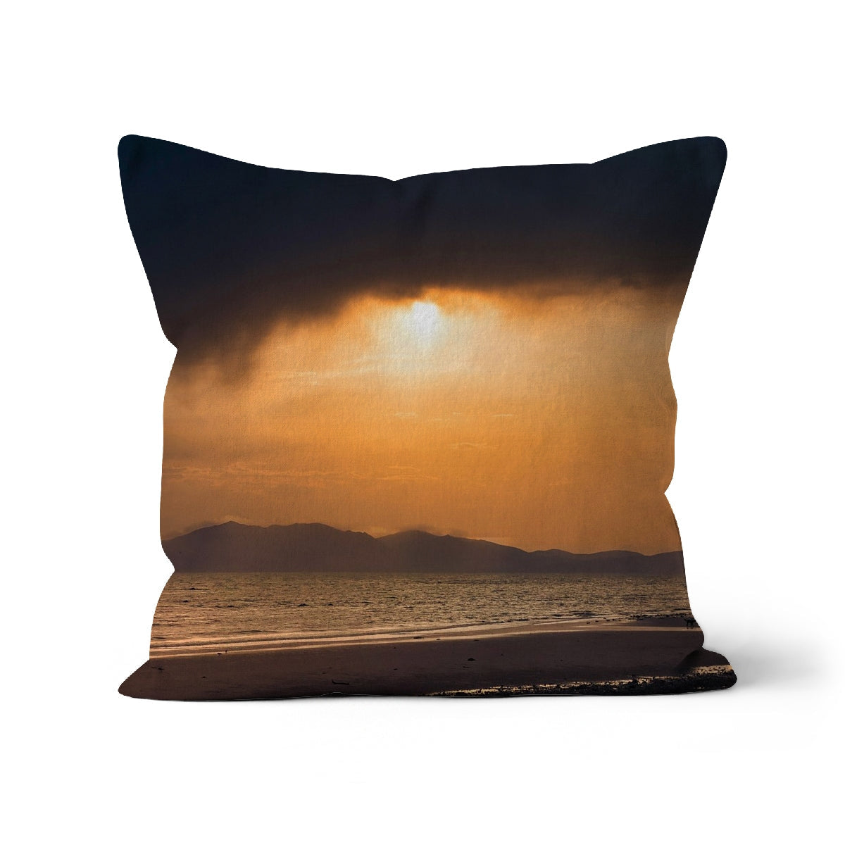Arran Stormy Sunset Cushion with golden ocean view design