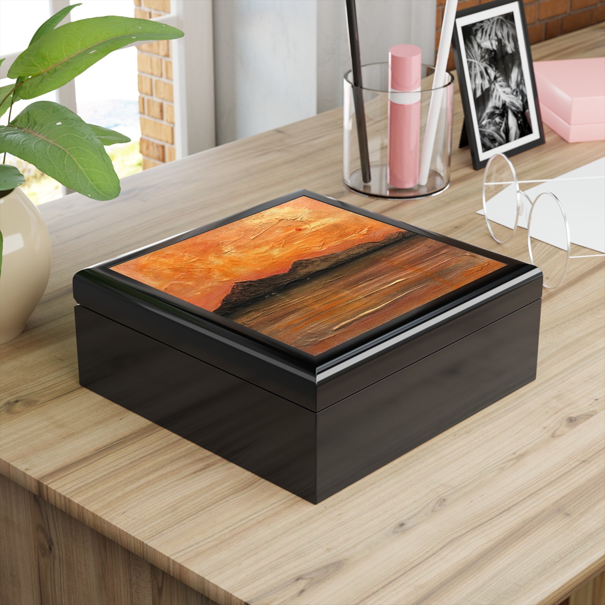 Arran Summer Nights black orange wooden jewellery box with landscape lid