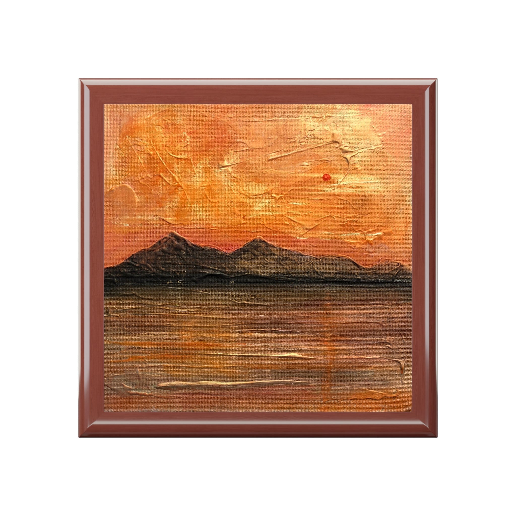 Brown wooden framed mountain landscape painting in Arran Summer Nights jewelry box