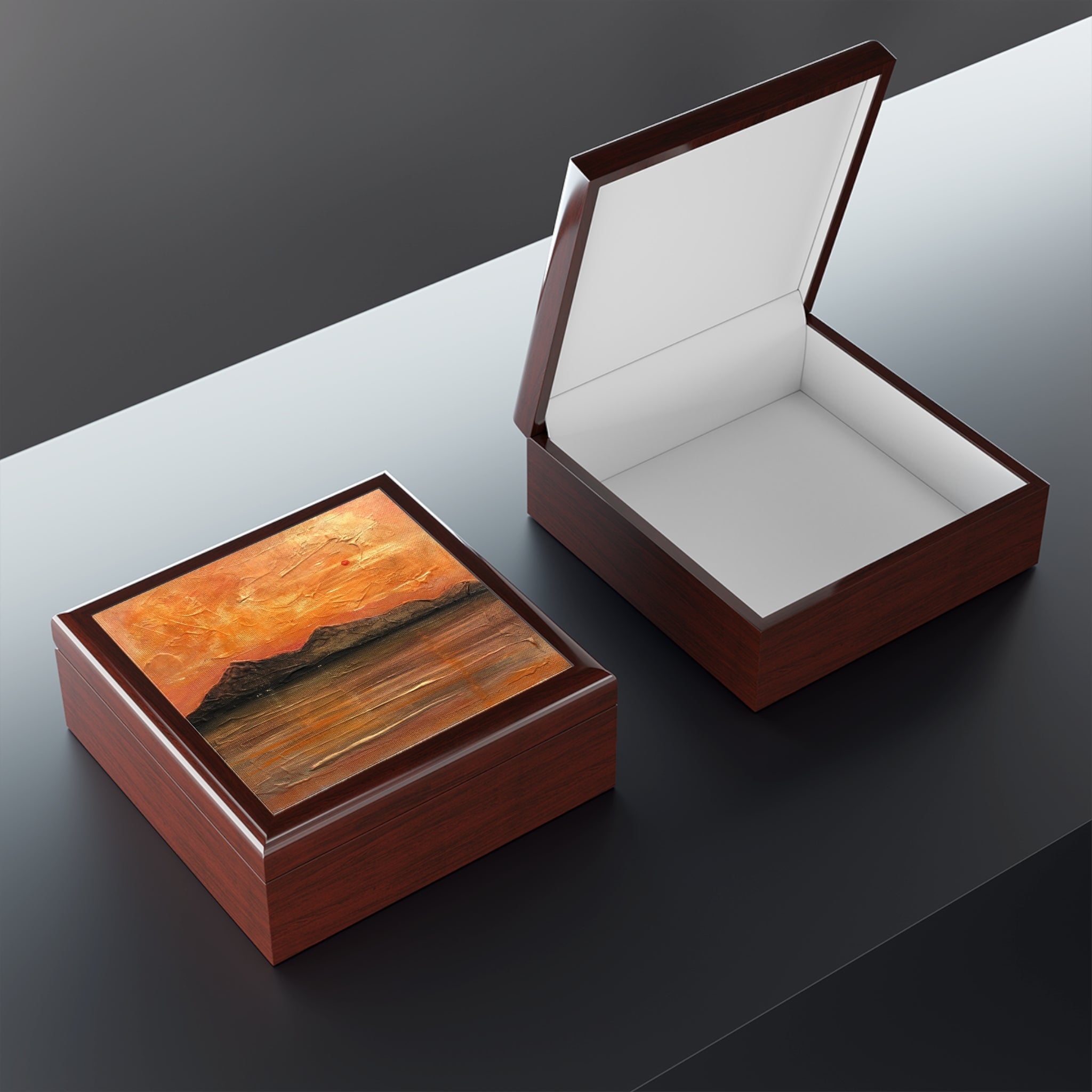 Open Arran Summer Nights brown leather jewelry box with sunset lid design
