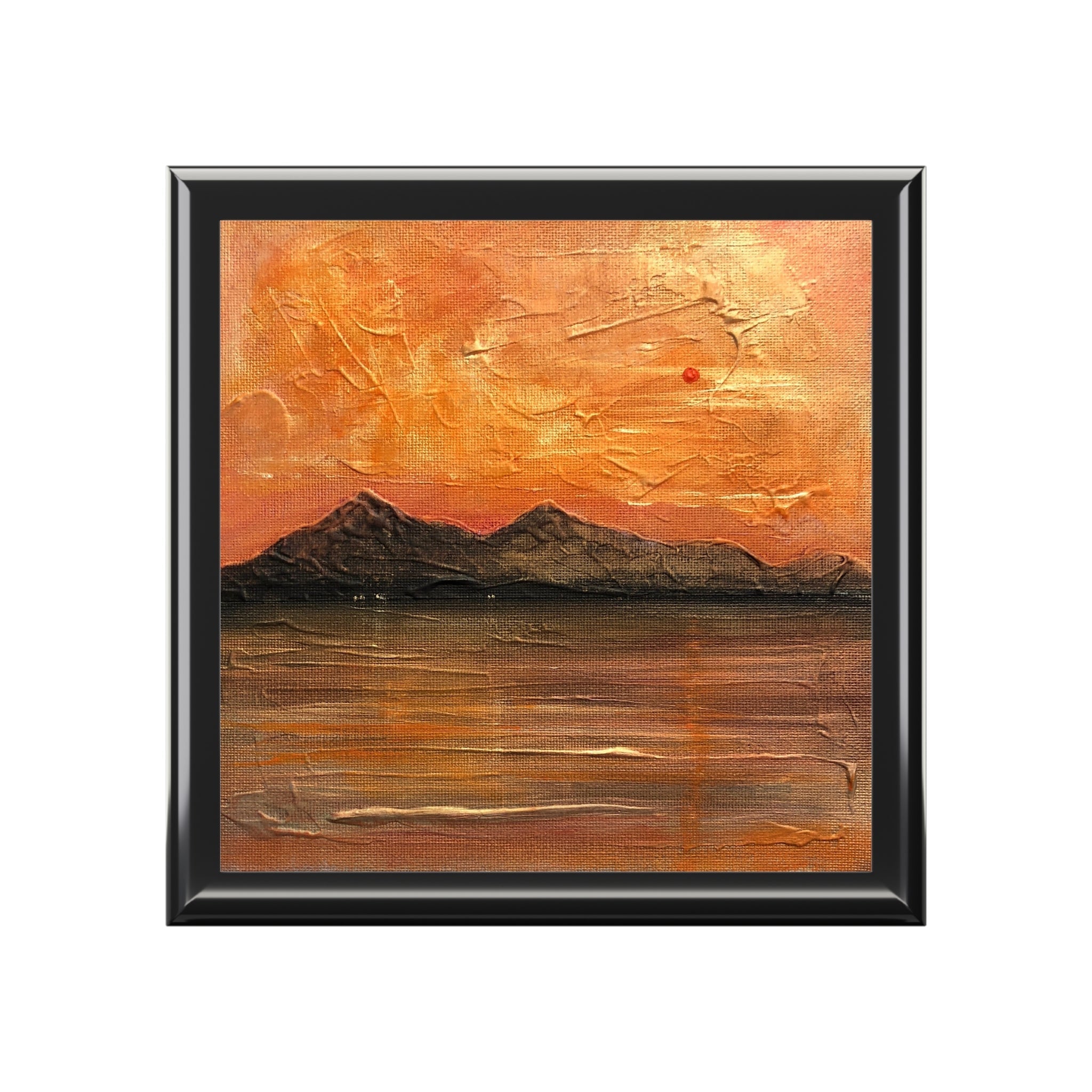 Arran Summer Nights black framed abstract landscape painting in jewellery box