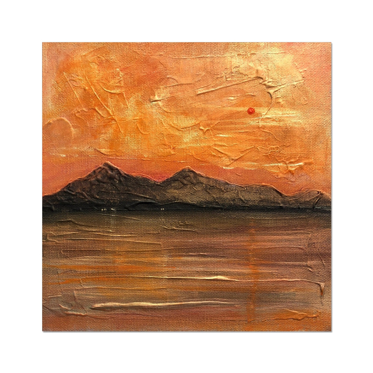 Orange textured canvas painting of Arran mountain sunset with red sun brushstrokes