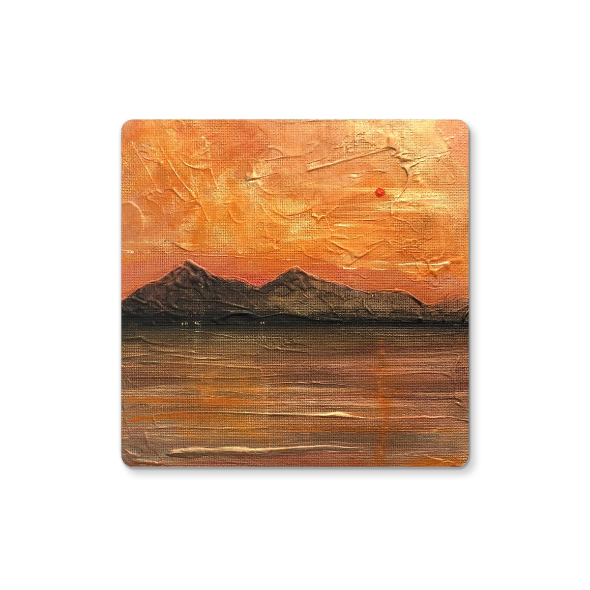 Textured sunset painting on Arran Summer Nights Coaster in orange and gold tones