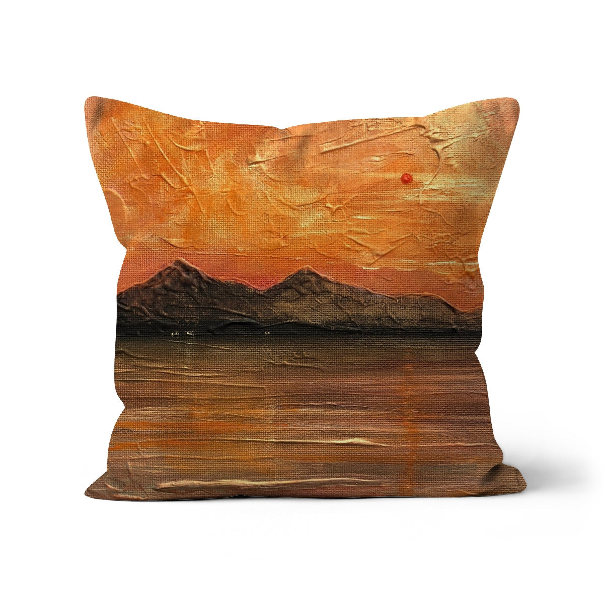 Arran Summer Nights square cushion with textured sunset over mountains