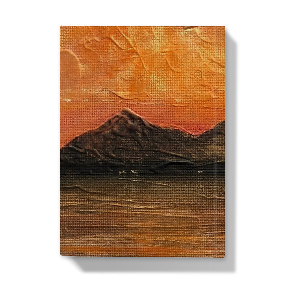 Orange and brown textured canvas painting of mountain at sunset on Arran Summer Nights journal