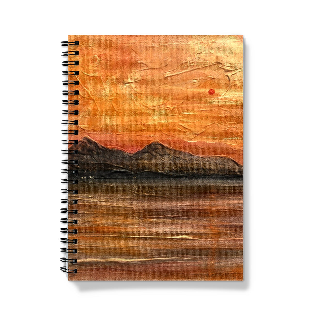 Arran Summer Nights notebook with orange textured cover of painted sunset over mountains and water