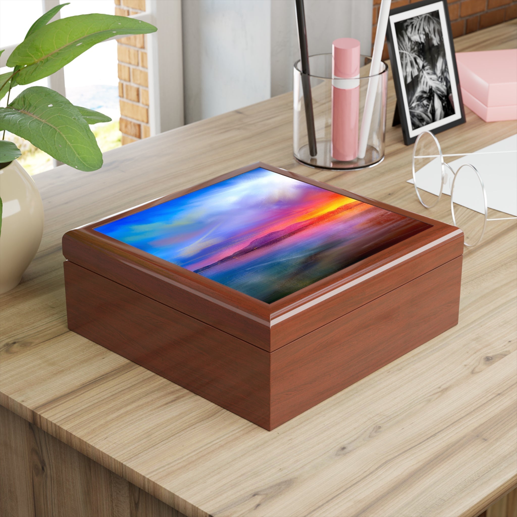 Wooden Arran Sunset Art Jewellery Box with colorful abstract lid and brown interior