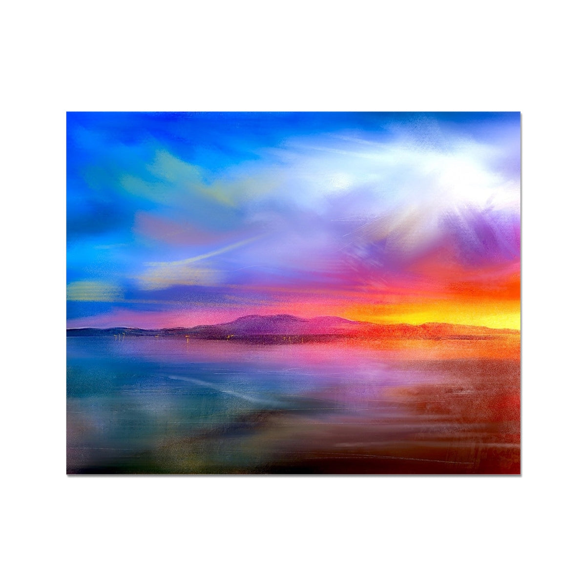 Vibrant landscape painting of a sunset over water with mountains, Arran Sunset Artist Proof Print