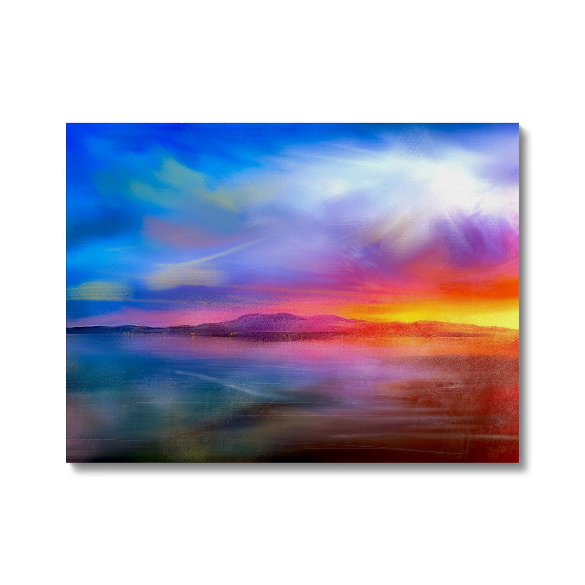 Arran Sunset Canvas featuring a vibrant colorful painting of a sunset over water and mountains