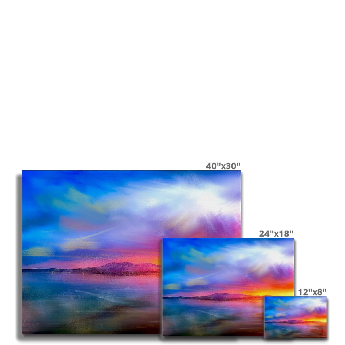 Arran Sunset Canvas featuring three vibrant sunset over lake prints for wall decor