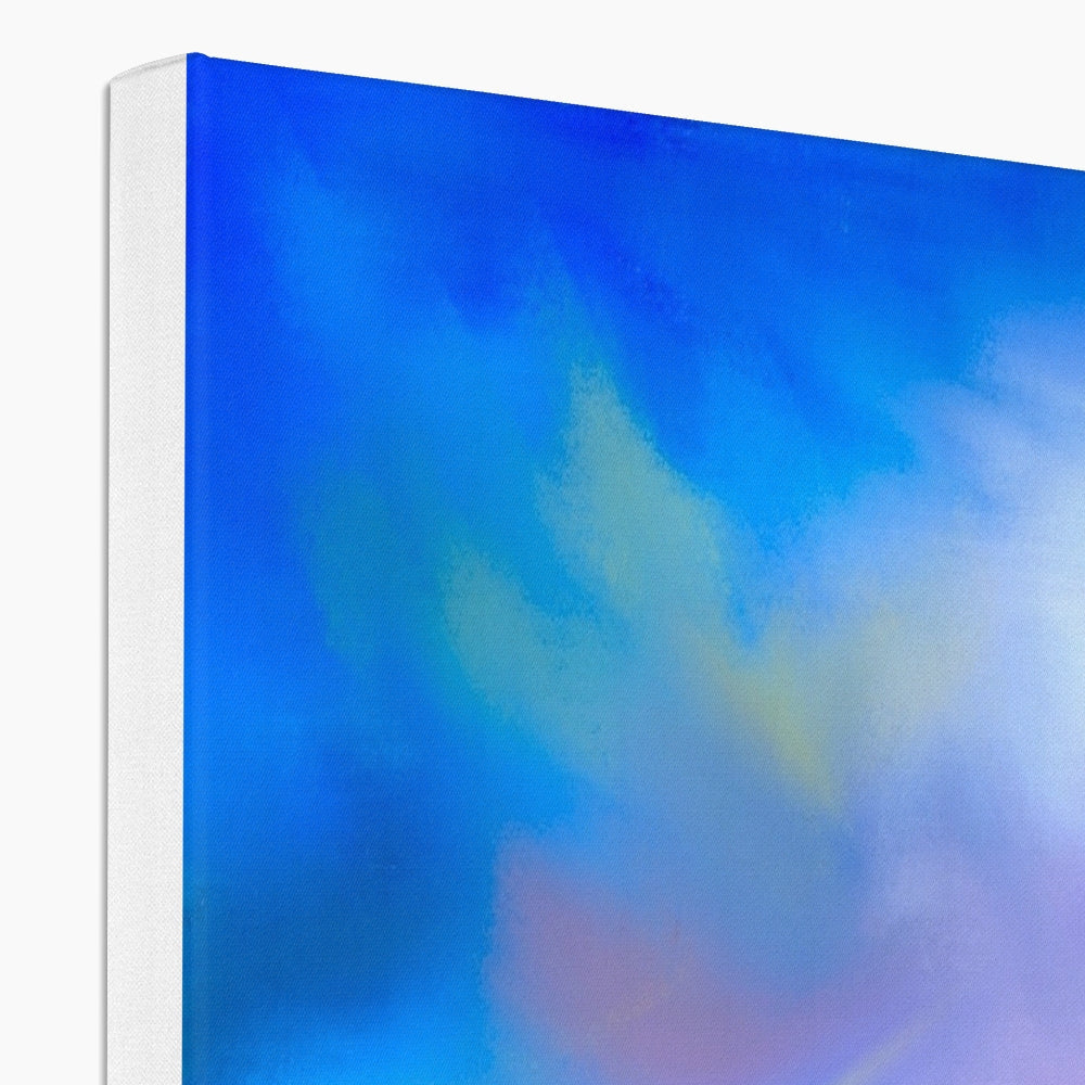 Abstract blue, purple, and yellow canvas art with white border for Arran Sunset Canvas