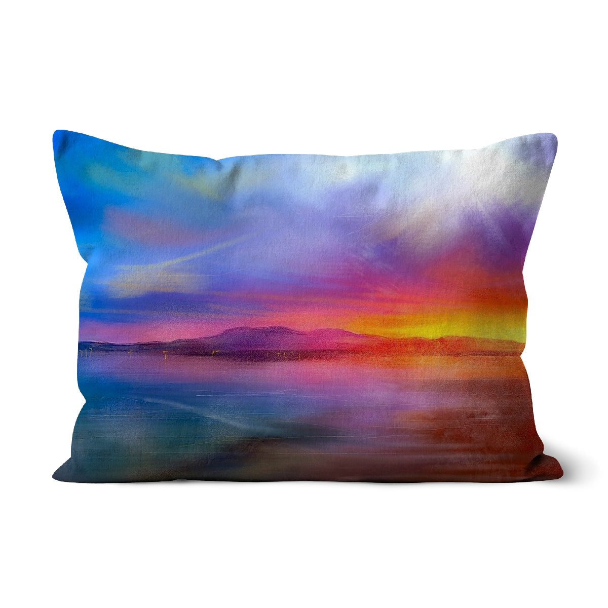 Rectangular Arran Sunset Cushion with vibrant sunset landscape print for home decor