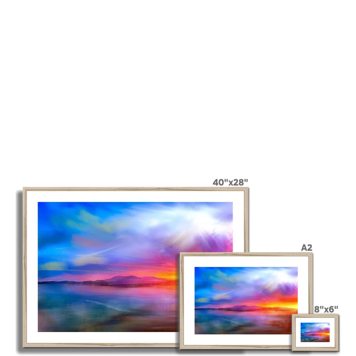 Three framed paintings depicting a vibrant sunset over water in the Arran Sunset Framed & Mounted Print