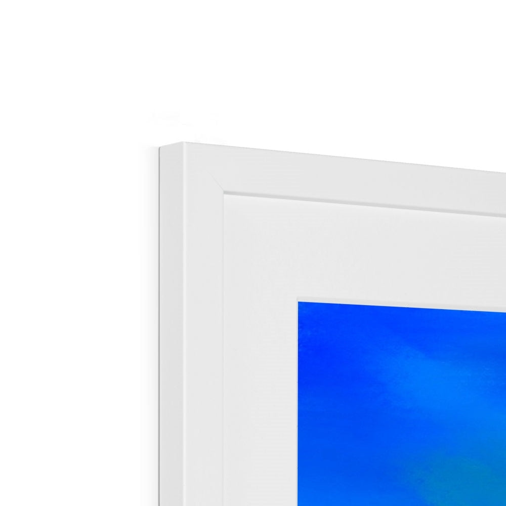 Minimalist white picture frame with vibrant blue Arran Sunset print