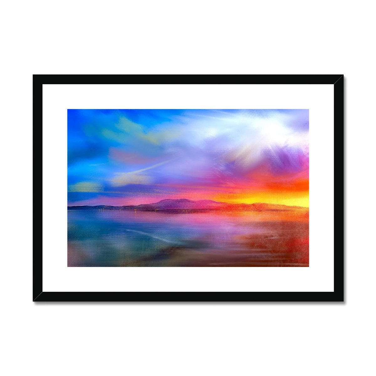 Arran Sunset Framed & Mounted Print featuring a vivid sunset over a lake with mountains