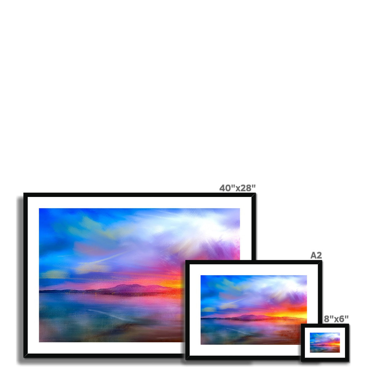Three framed prints of a vibrant sunset over a lake in the Arran Sunset Framed and Mounted Print collection
