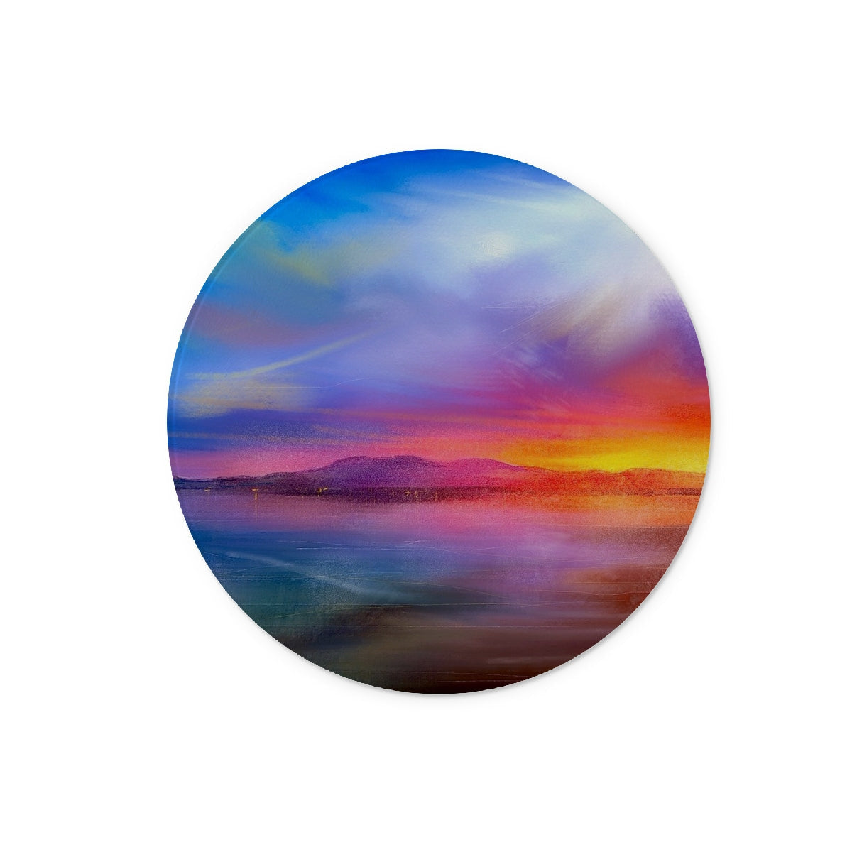 Vibrant circular sunset over mountains and water on Arran Sunset Glass Chopping Board