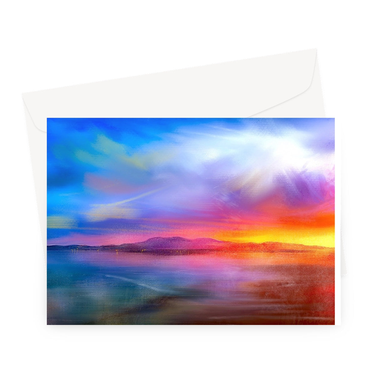 Arran Sunset Greeting Card featuring a vibrant sunset landscape painting