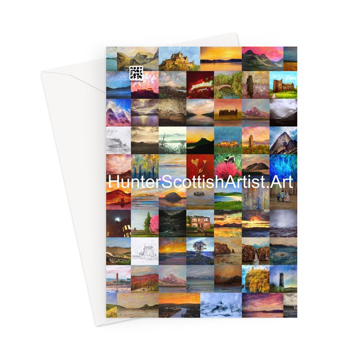 Arran Sunset Greeting Card with a collage of scenic landscape paintings