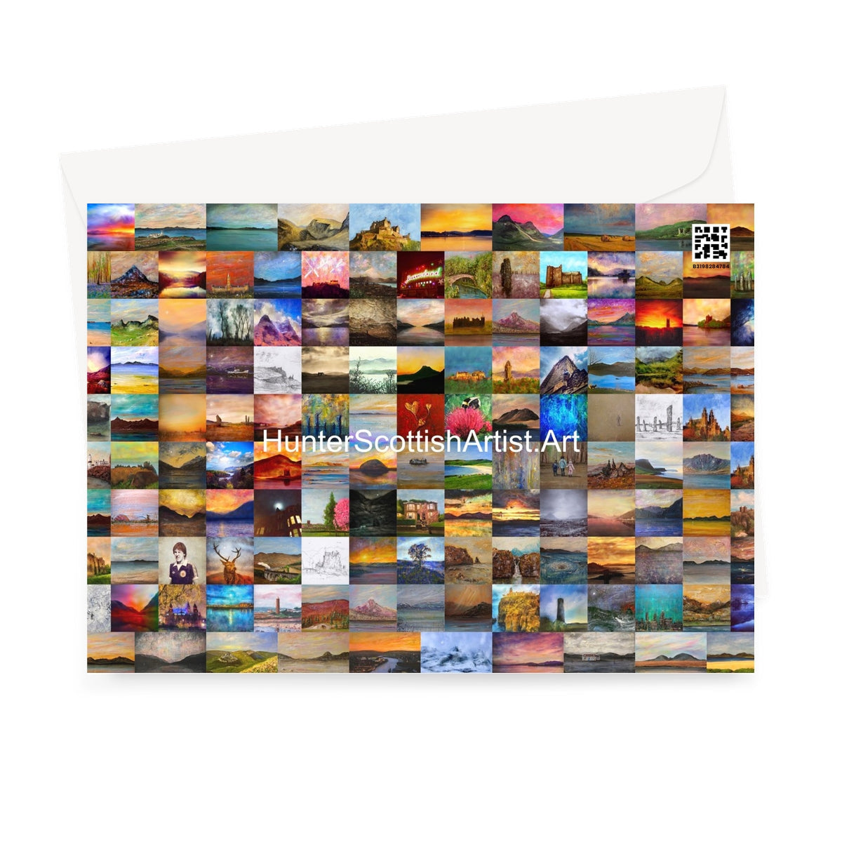 Arran Sunset Greeting Card with collage of Scottish landscape paintings