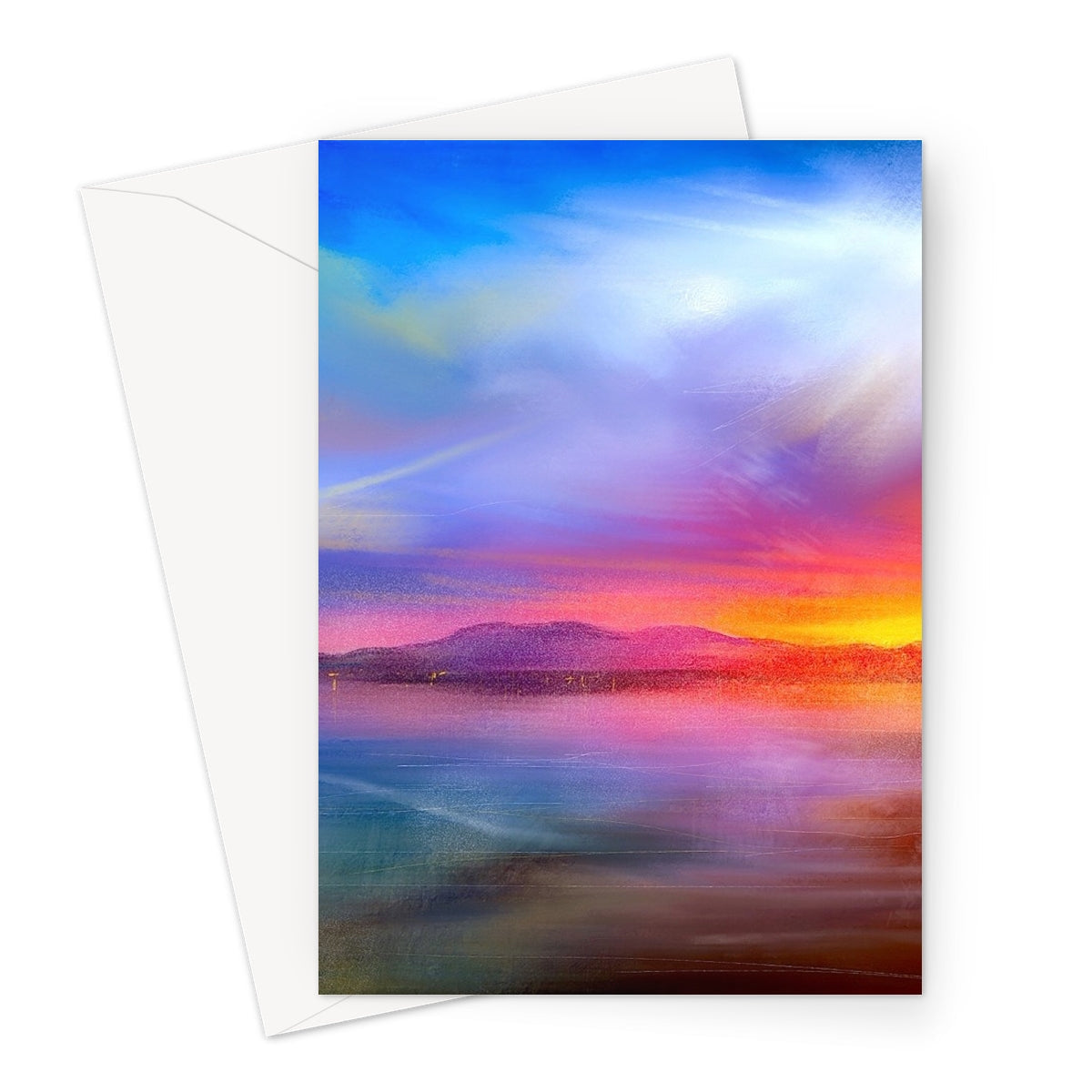 Vibrant landscape art print of a sunset over mountains and water on Arran Sunset Greeting Card