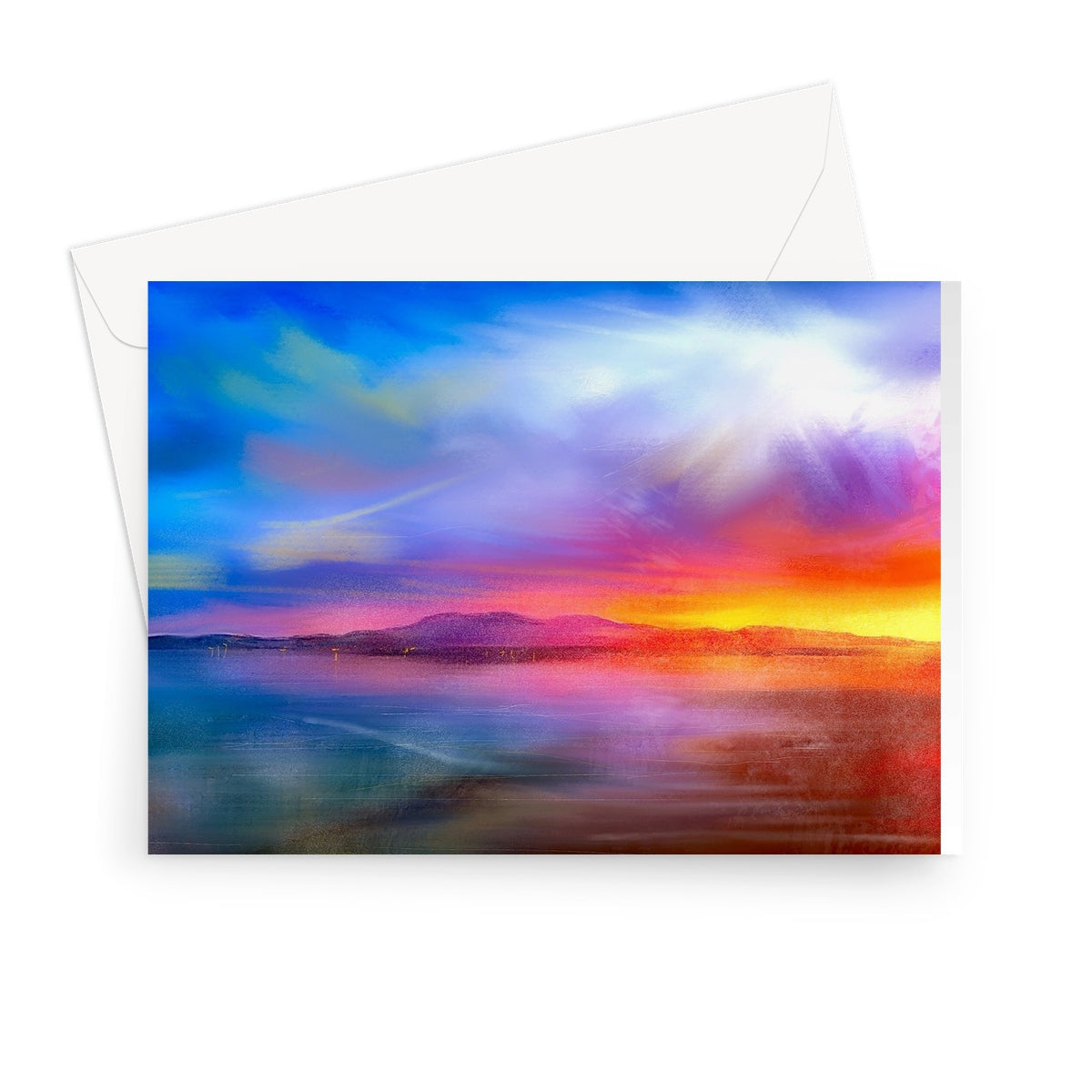 Arran Sunset Greeting Card featuring vibrant sunset over lake and mountains