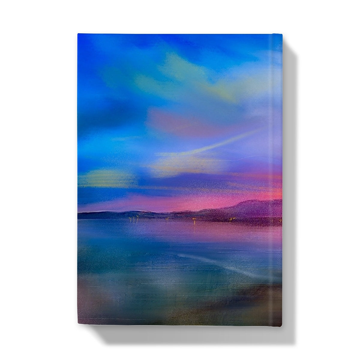 Vibrant sunset painting over water with mountains on the cover of Arran Sunset Hardback Journal