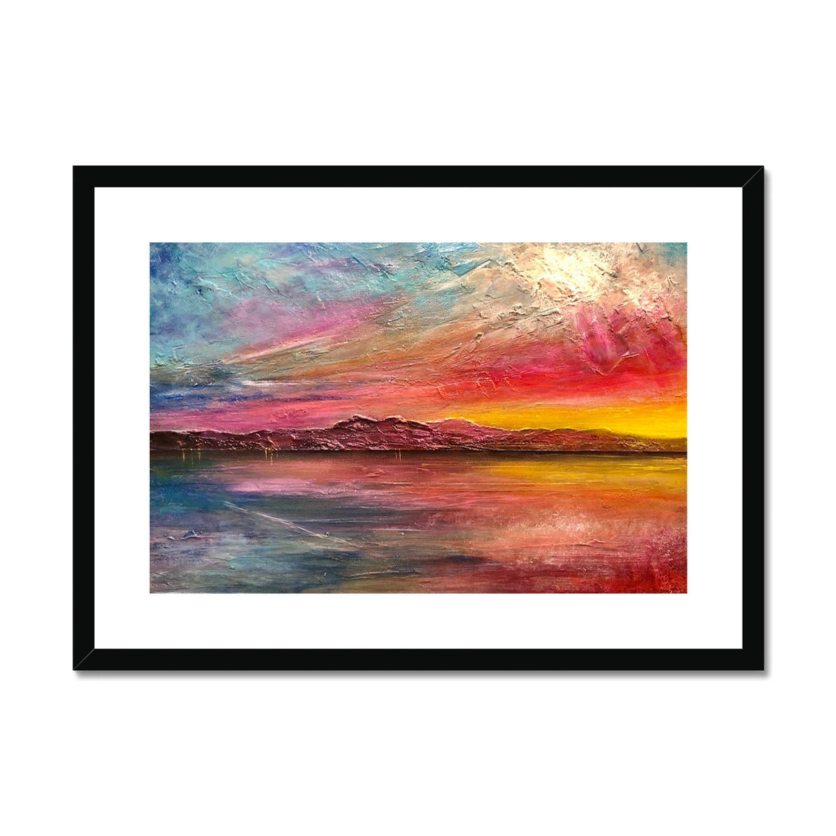 Vibrant Arran Sunset II abstract landscape print in black frame