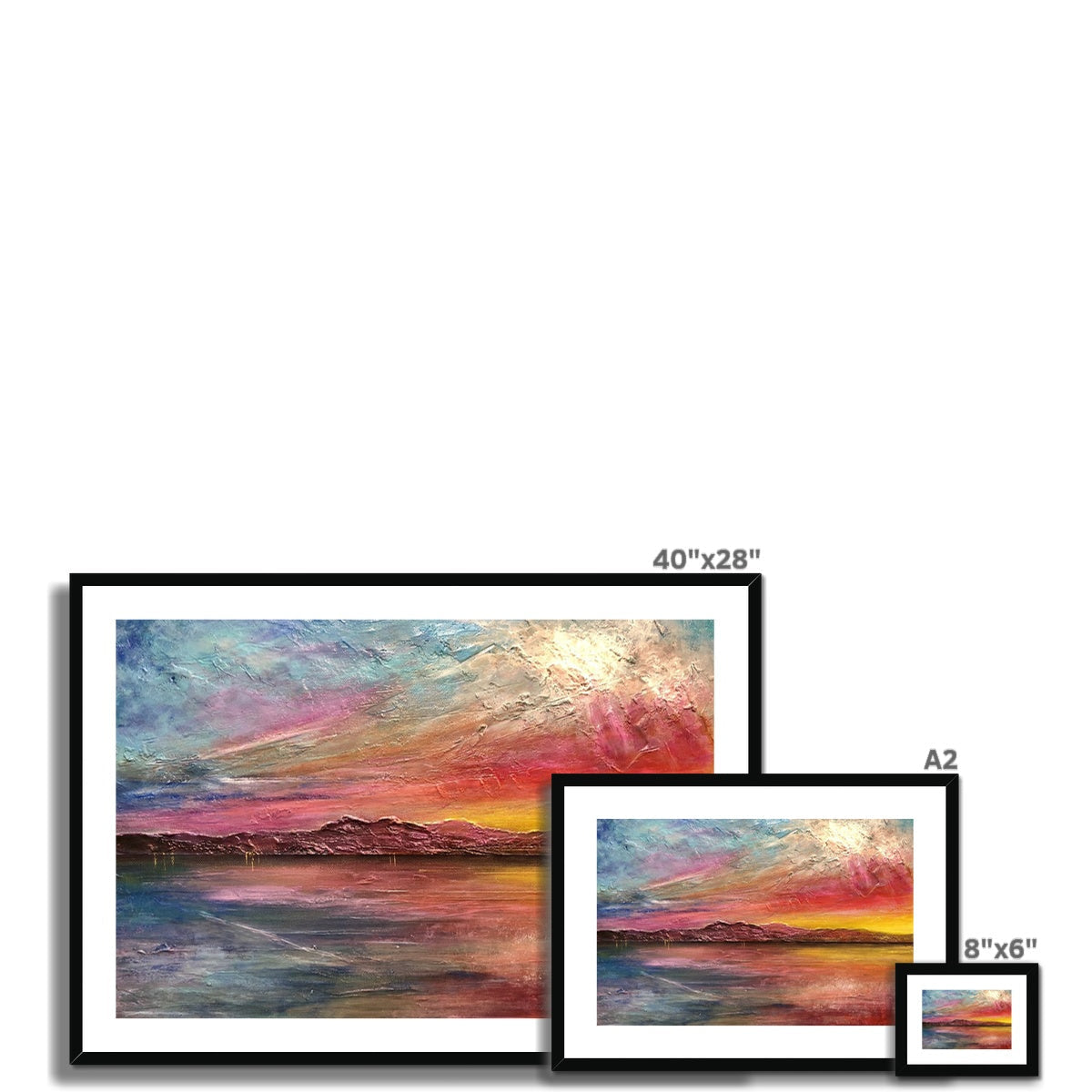 Framed Arran Sunset ii abstract print: vibrant pink-orange-blue sunset over water and mountains