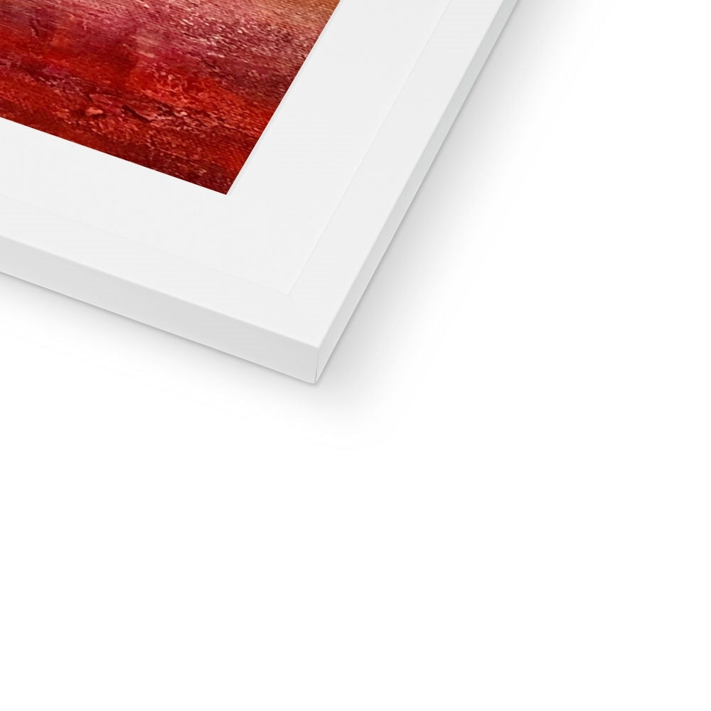 White framed Arran Sunset ii art print with textured red orange abstract landscape