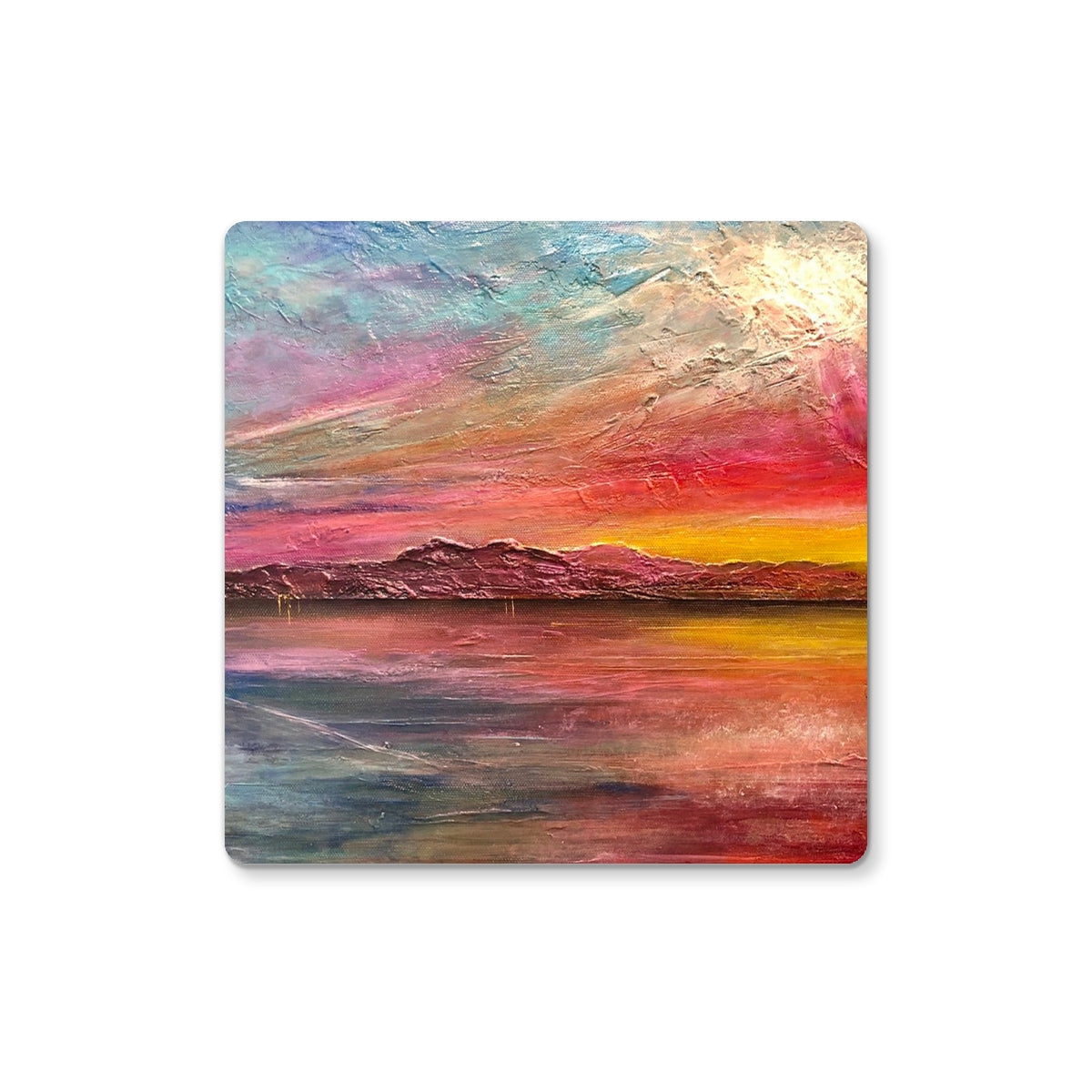 Vibrant textured Arran Sunset ii coaster with pink orange yellow sunset over water