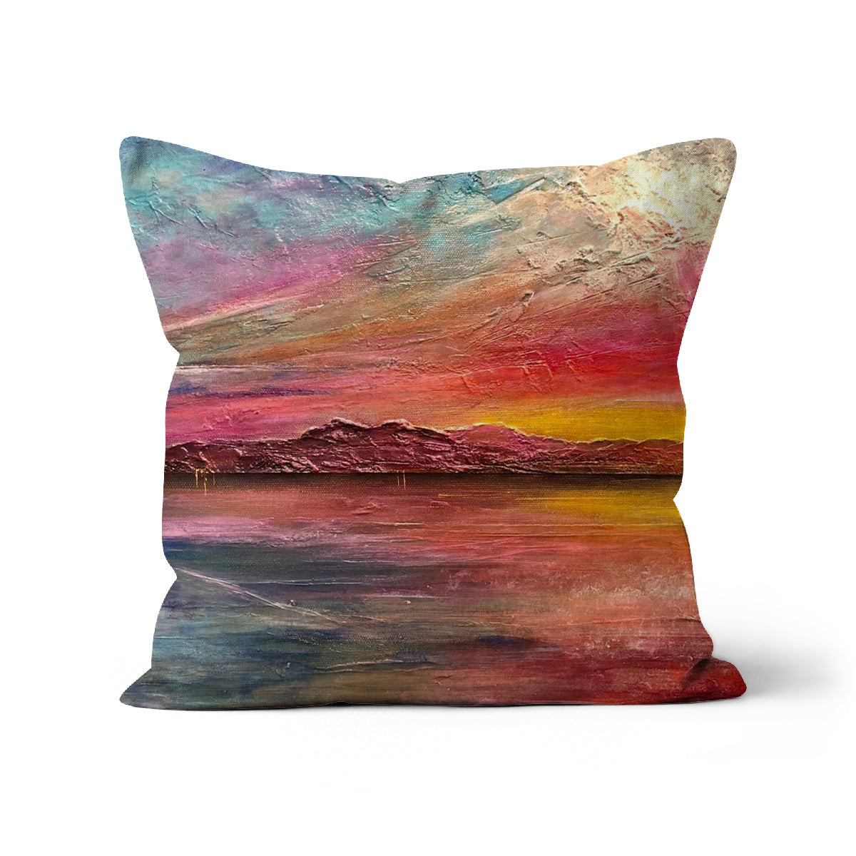 Arran Sunset ii square cushion with textured impressionistic sunset over water in pink, orange, yellow, and teal hues
