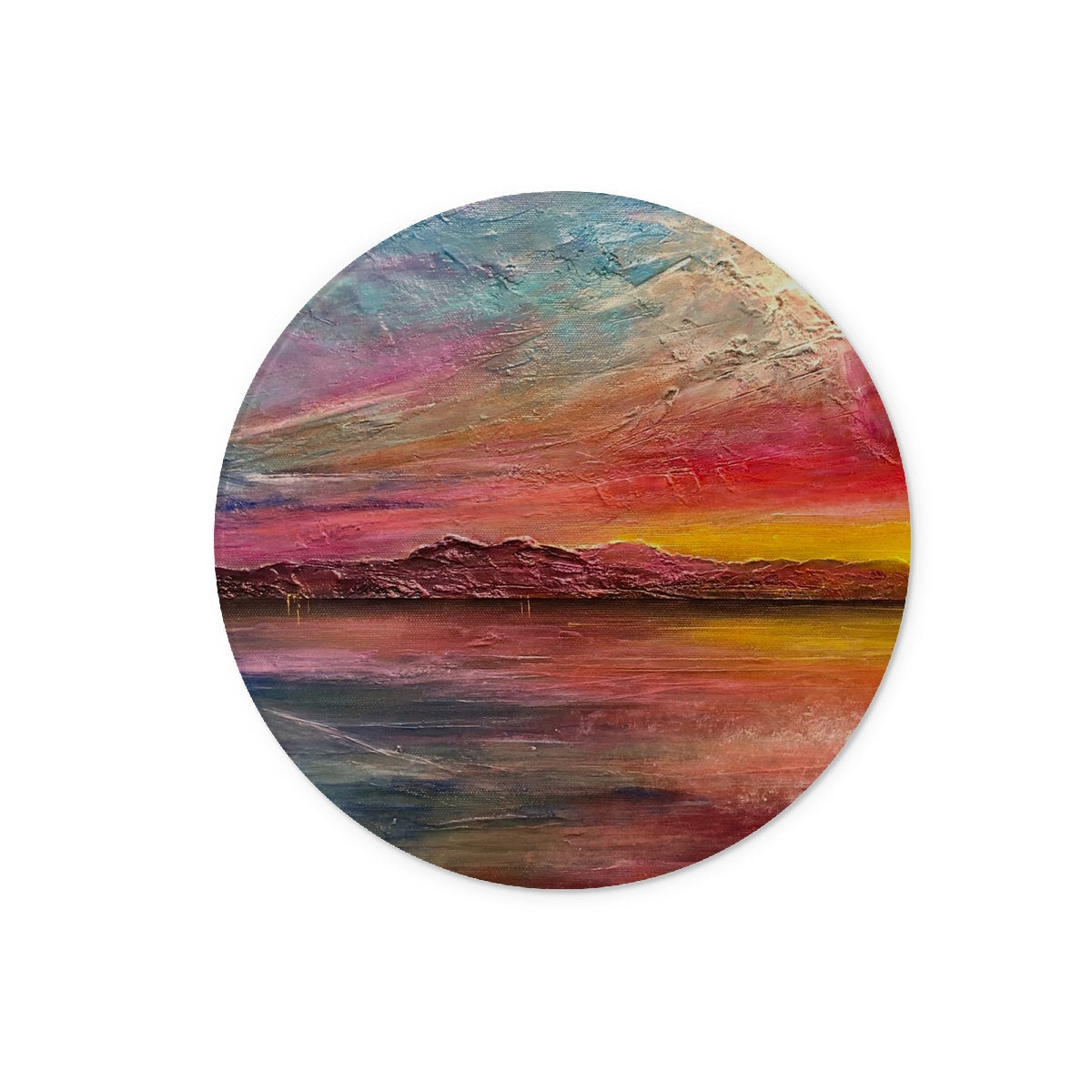 Arran Sunset II glass chopping board with vibrant abstract landscape reflection