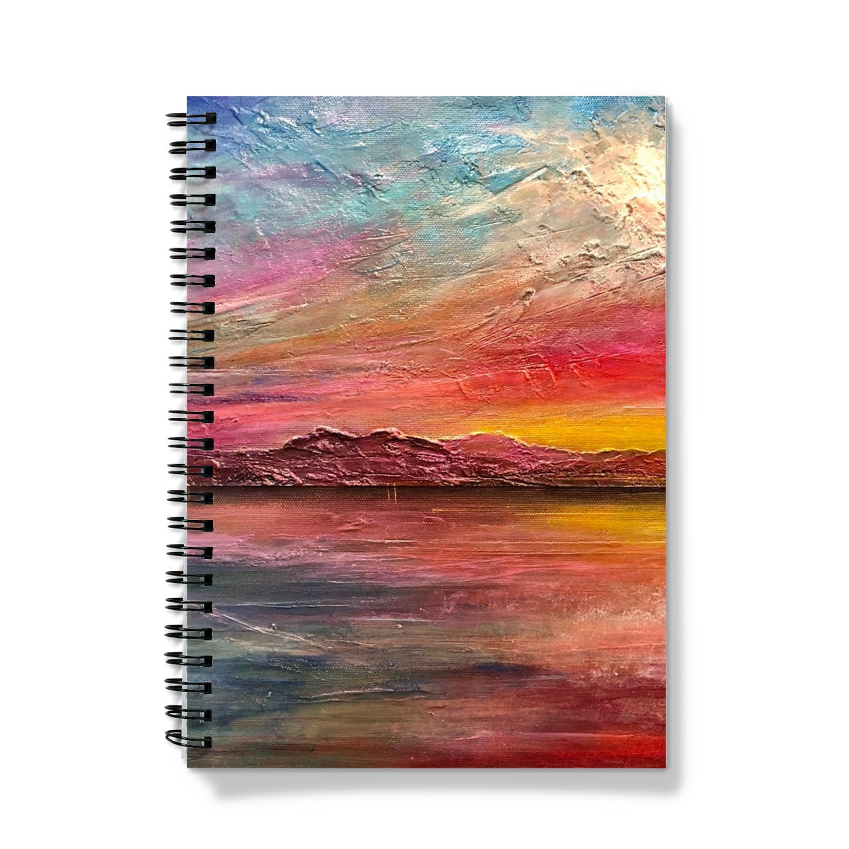 Arran Sunset ii notebook with vibrant sunset over water and mountains
