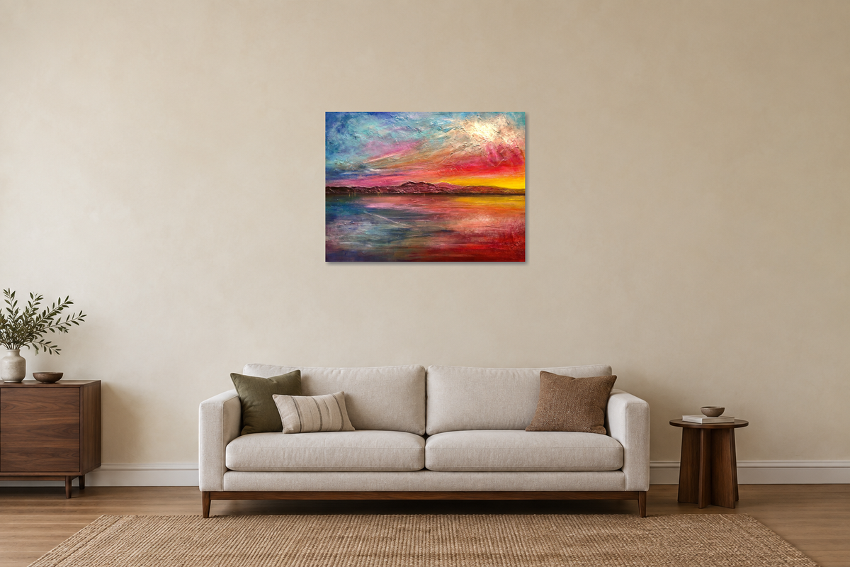 Arran Sunset ii - Original Scottish Landscape Painting displayed at 101.6 × 76.2 cm — digital room mockup