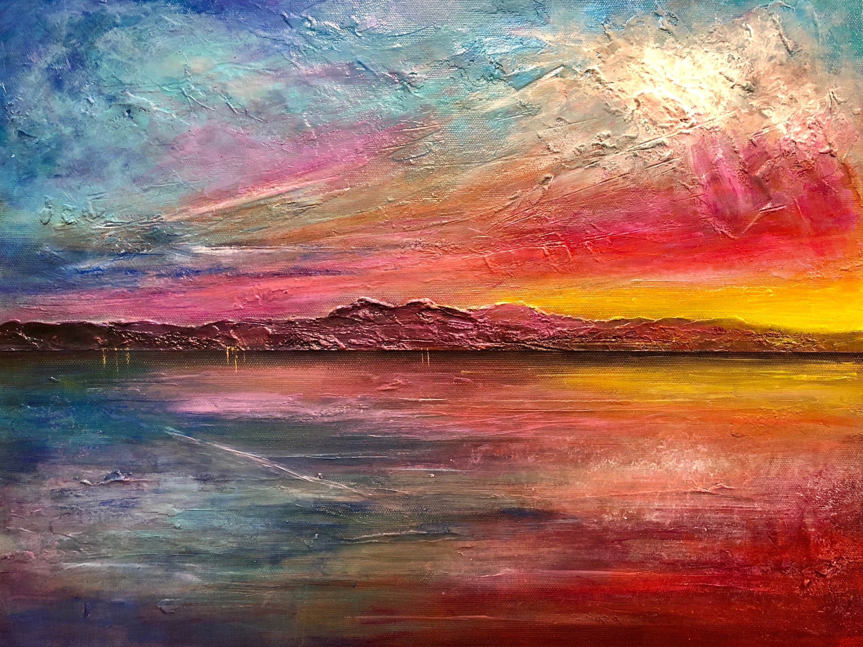 Colorful textured landscape painting titled Arran Sunset II Original Painting