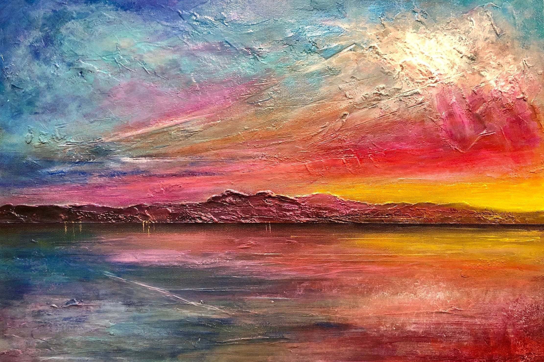 Vibrant textured sunset painting over water and mountains for Arran Sunset ii wall art