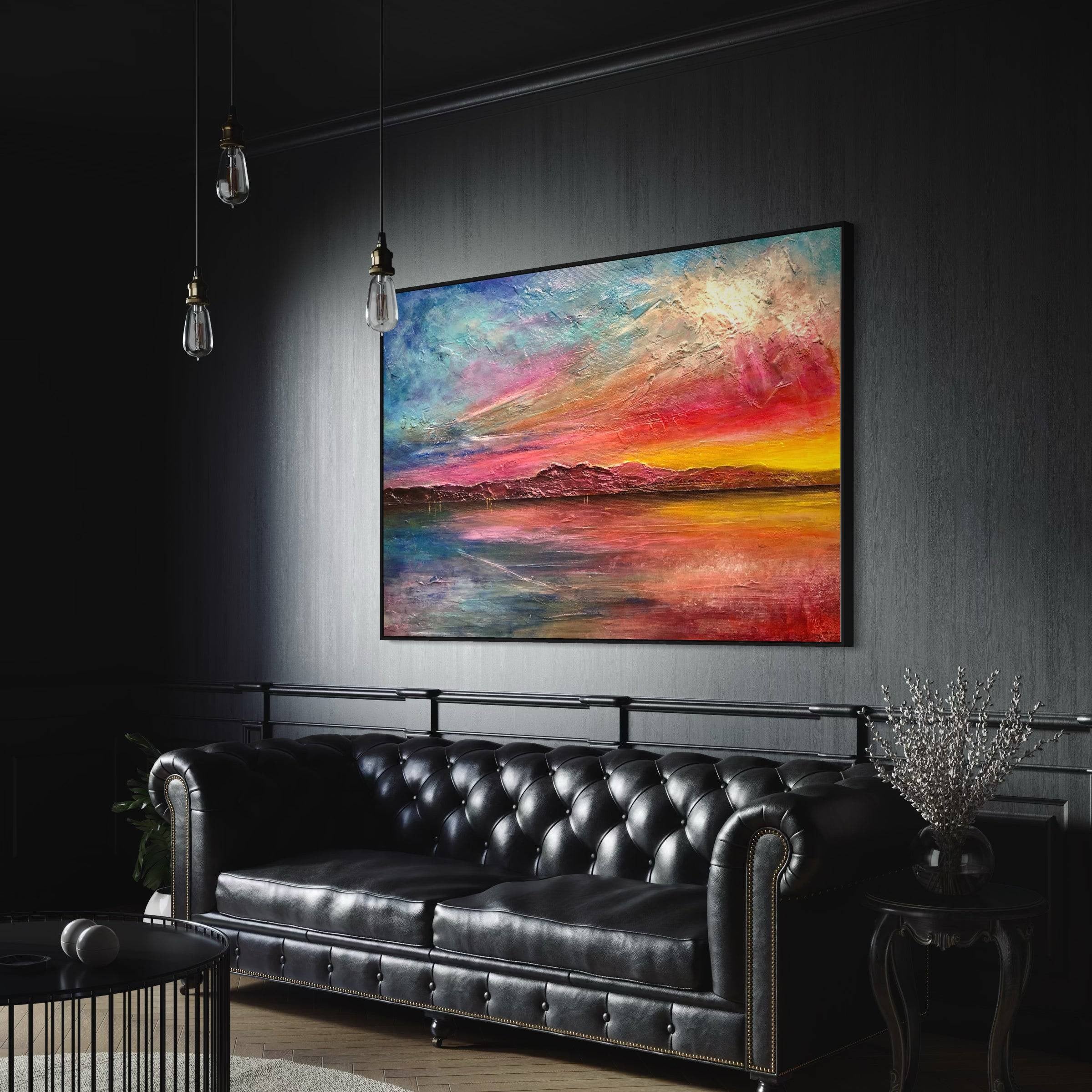 Black tufted leather Chesterfield sofa featured in Arran Sunset II Statement Interior Wall Art from Scotland
