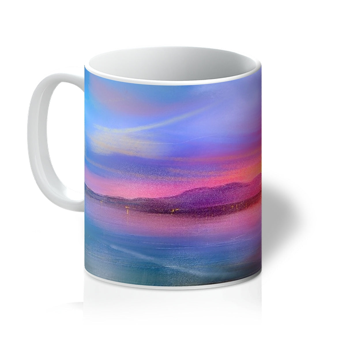 White ceramic Arran Sunset Mug featuring a vibrant colorful landscape painting