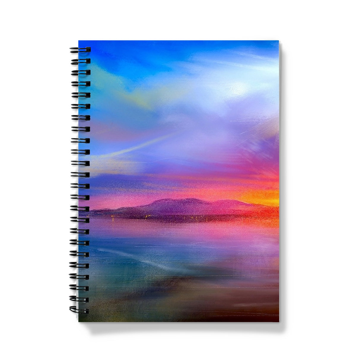 Spiral-bound Arran Sunset Notebook with vibrant sunset landscape cover