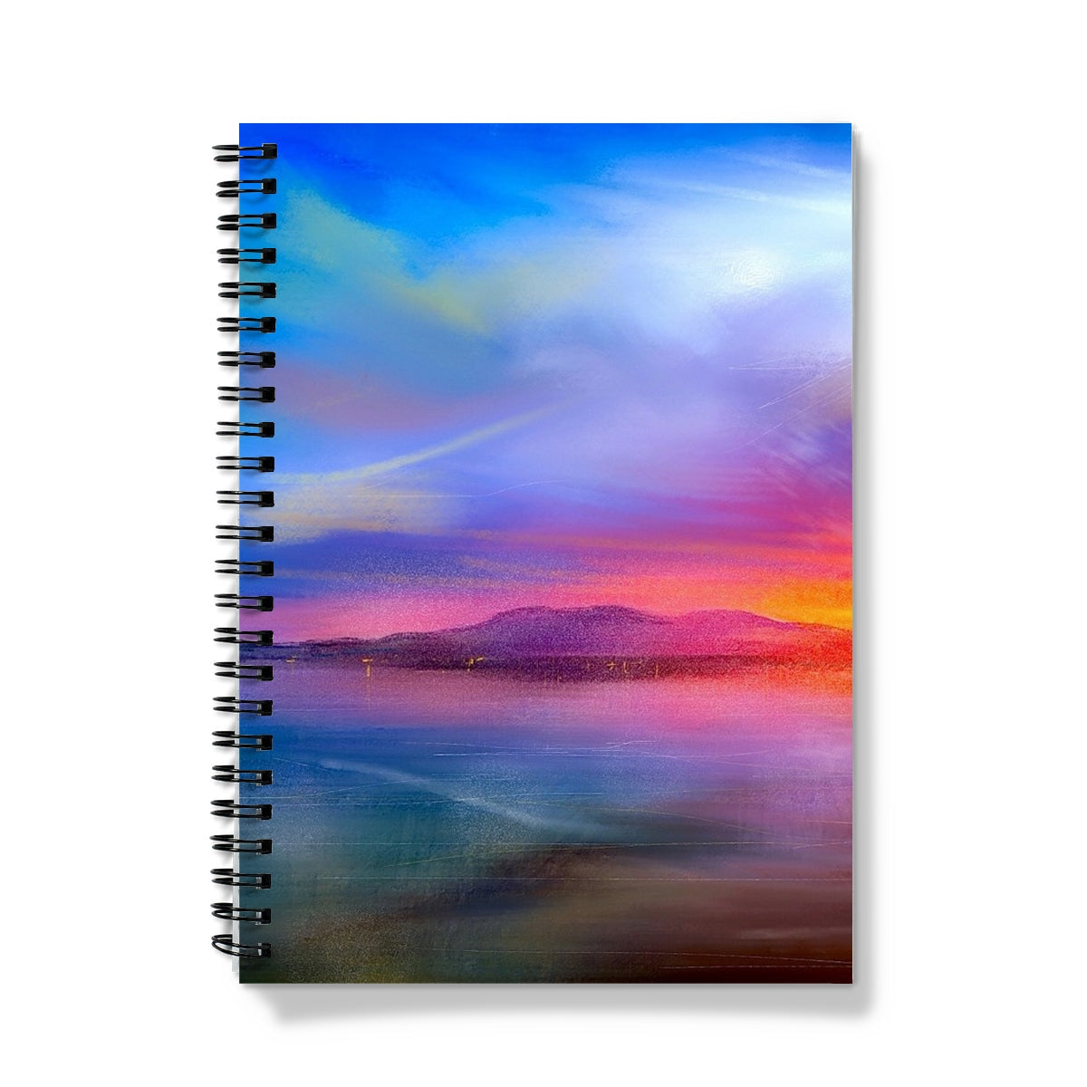 Spiral-bound Arran Sunset Notebook with vibrant sunset landscape cover