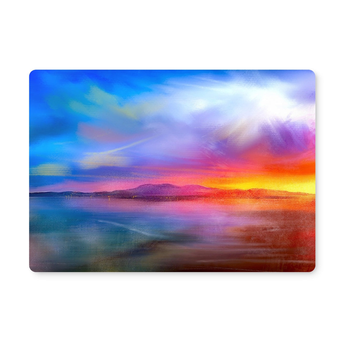 Vibrant colorful abstract sunset landscape painting of water and mountains on Arran Sunset Placemat