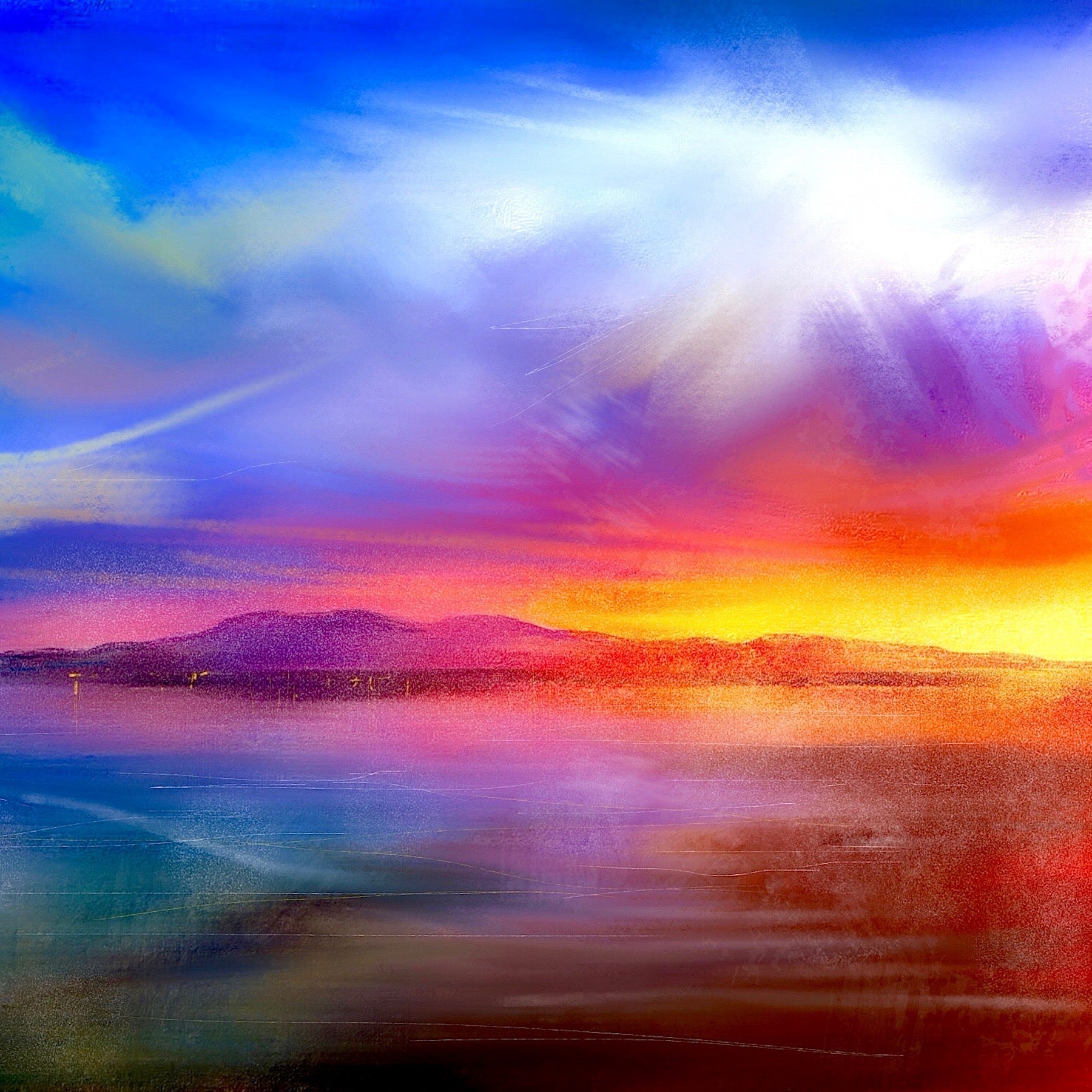 Vibrant landscape painting of a sunset over water with mountains for Arran Sunset Scotland in Your Pocket