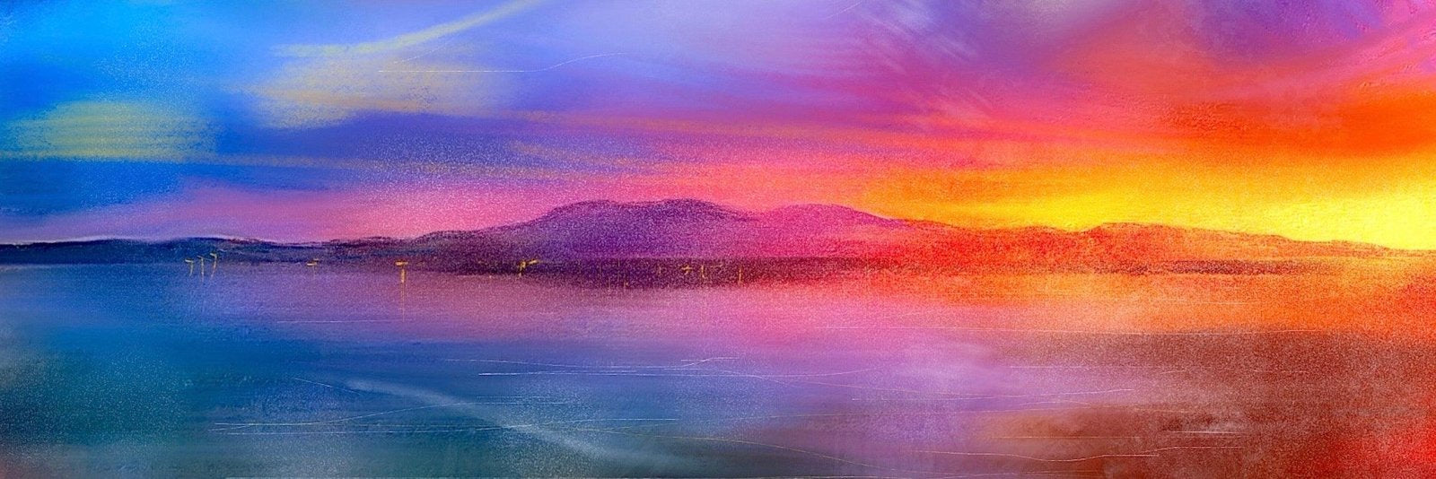 Vibrant sunset over tranquil water reflecting colorful sky and distant mountains in Arran Sunset wall art
