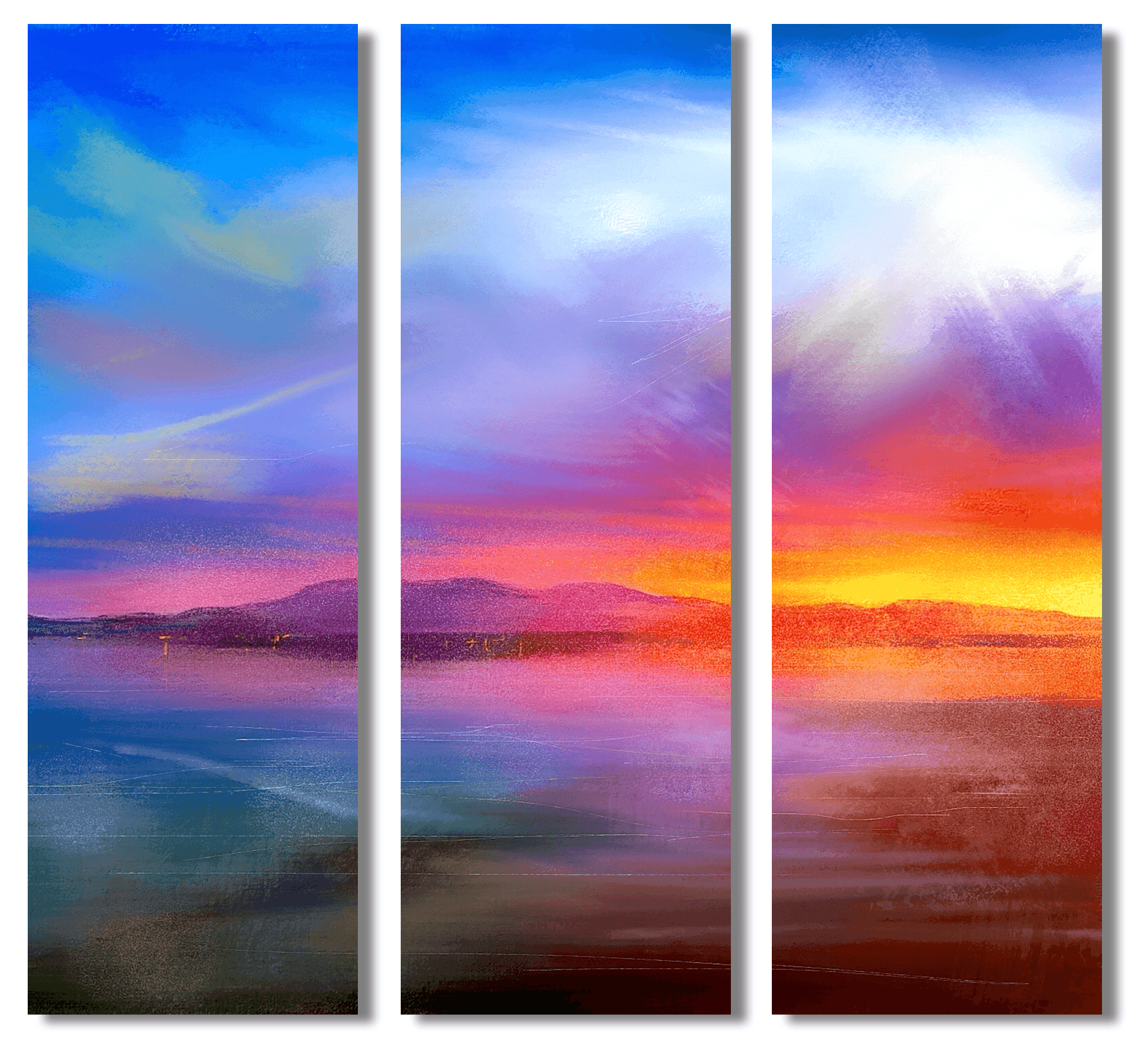 Colorful sunset landscape triptych artwork for statement interior decor from Scotland