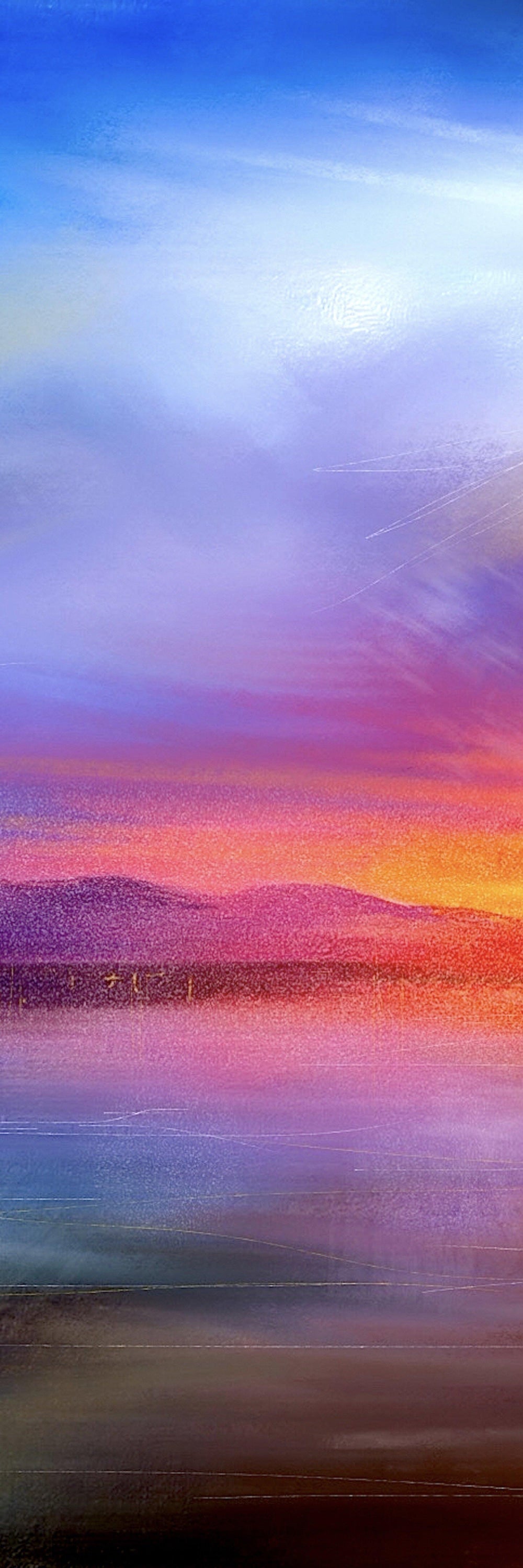 Abstract landscape painting of a vibrant sunset over mountains and water for Arran Sunset Triptych