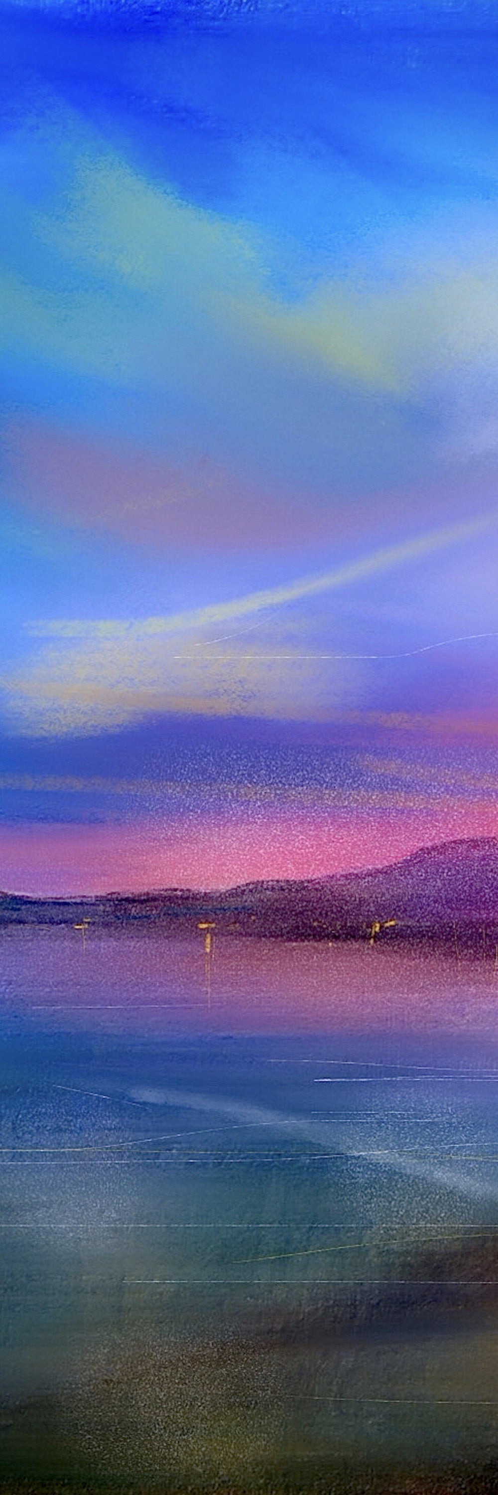 Vibrant impressionistic twilight lake landscape painting in Arran Sunset Triptych wall art