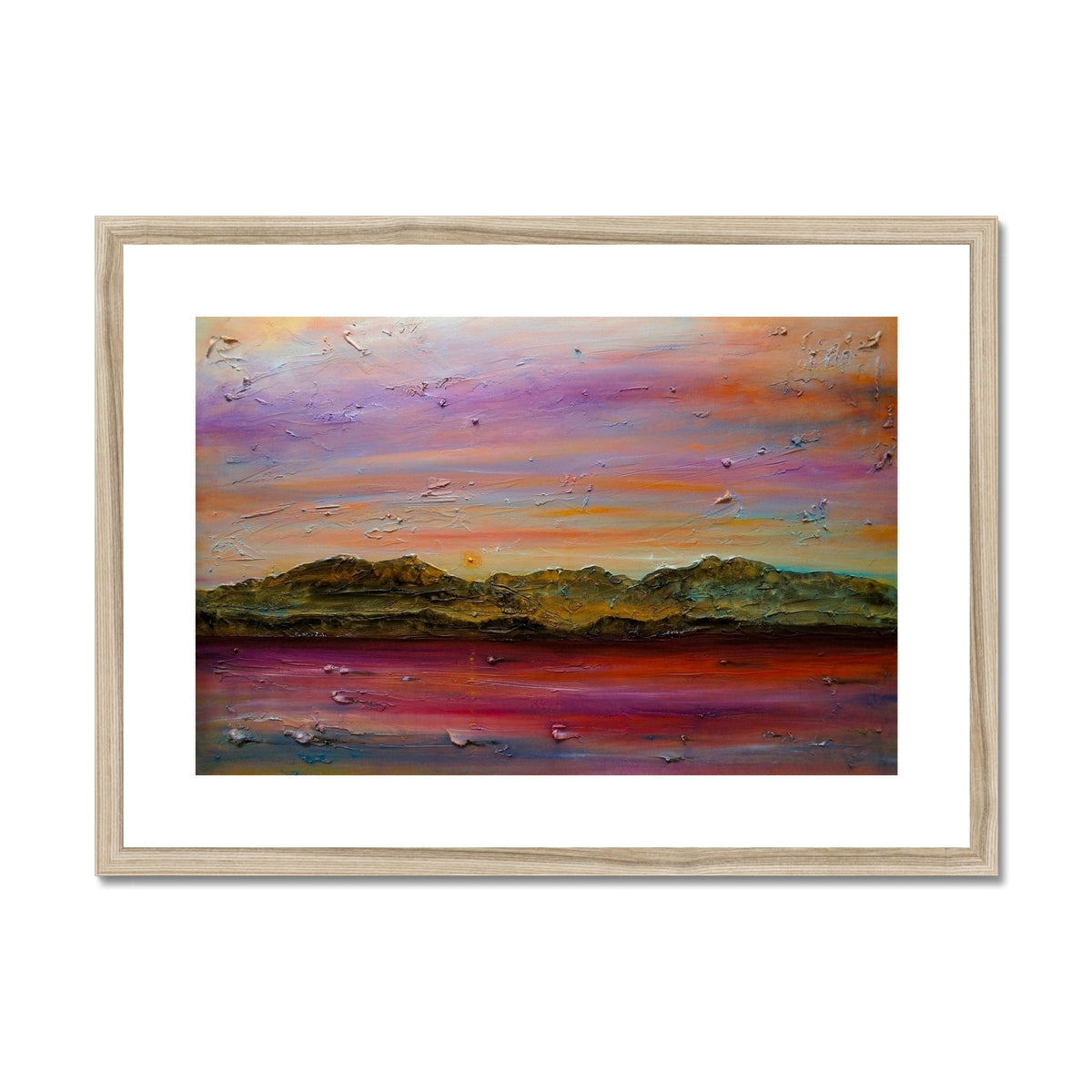 Arran Winter Dusk: wooden framed landscape print of vibrant sunset and birds