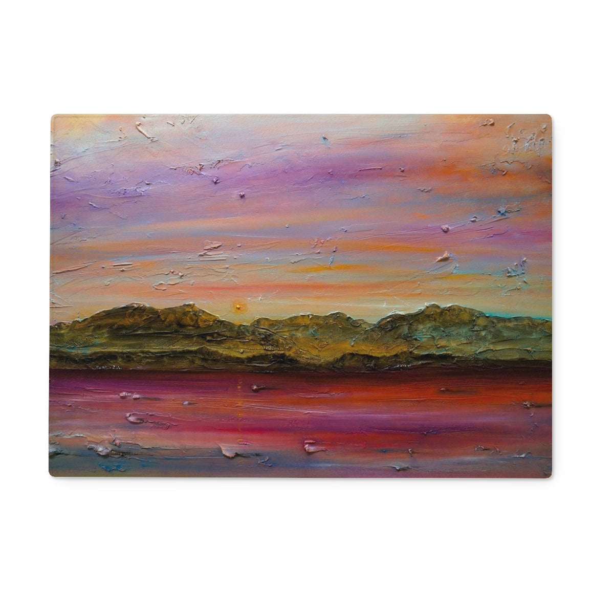 Vibrant impressionist landscape on Arran Winter Dusk glass chopping board