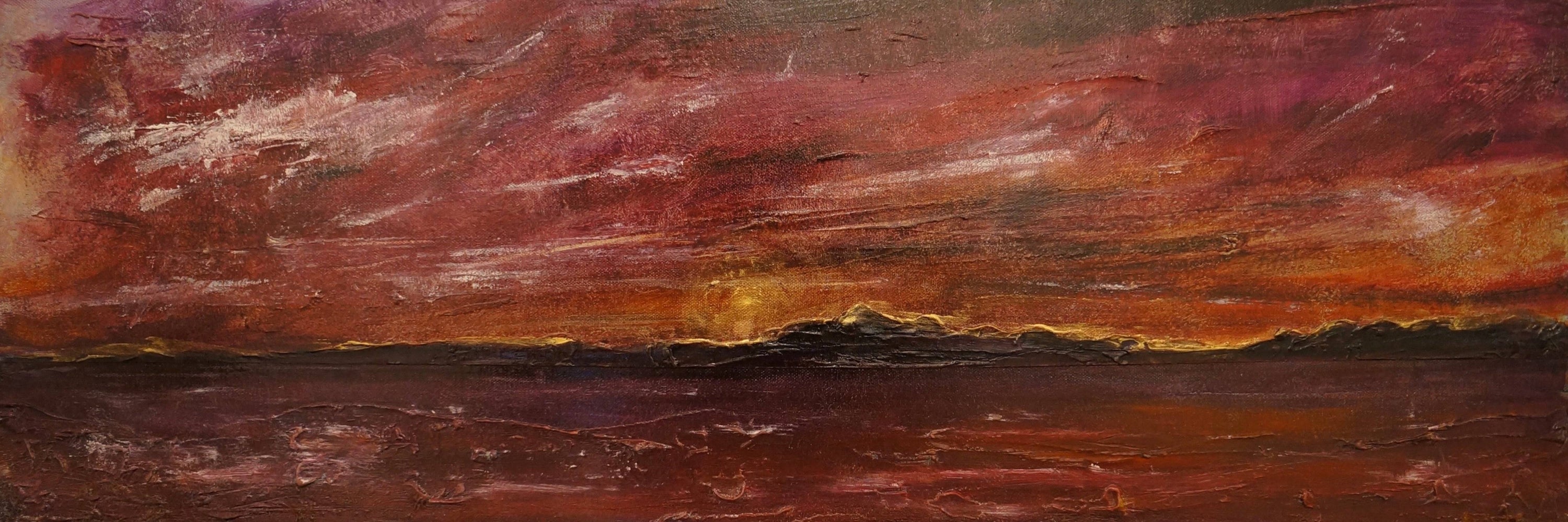 Vibrant textured oil painting of a sunset over water with distant land in Arran Winter Sunset art